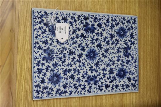 A Chinese blue and white large rectangular tile, 34.5 x 25.5cm